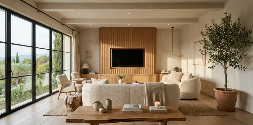 Organic modern living room featuring fluted wood furniture and cream boucle sofa in soft sunlight