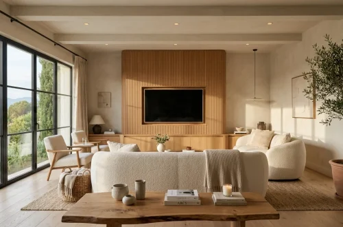 Organic modern living room featuring fluted wood furniture and cream boucle sofa in soft sunlight
