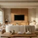 Organic modern living room featuring fluted wood furniture and cream boucle sofa in soft sunlight