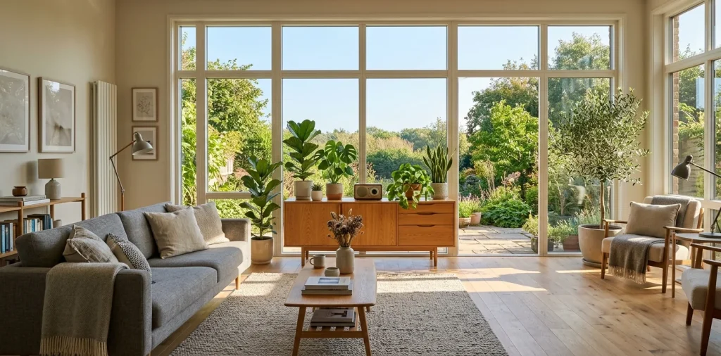 Beautiful modern living room featuring sleek furniture that discreetly hides cat litter boxes.