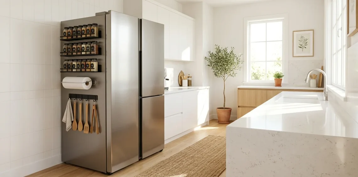 Clean modern kitchen showing magnetic organization racks attached to a stainless steel refrigerator.