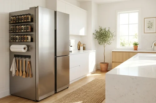 Clean modern kitchen showing magnetic organization racks attached to a stainless steel refrigerator.