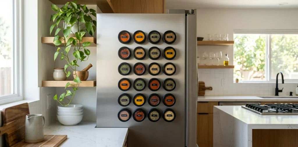 Modern kitchen with magnetic spice tins arranged beautifully on a stainless steel refrigerator door, decluttering the space.