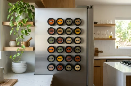 Modern kitchen with magnetic spice tins arranged beautifully on a stainless steel refrigerator door, decluttering the space.