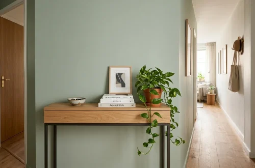 Beautiful narrow entryway console table in a small apartment hallway showcasing space-saving furniture design.