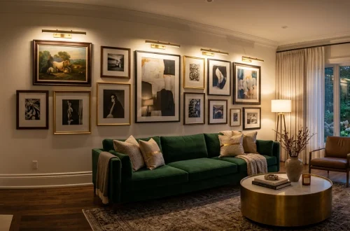 Elegant modern living room featuring a gallery wall illuminated by brass rechargeable picture lights over framed artwork.