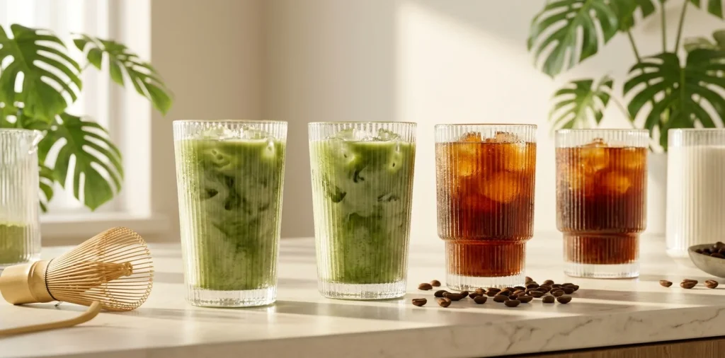 A row of ribbed glassware filled with iced matcha and cold brew on a sunny kitchen counter.