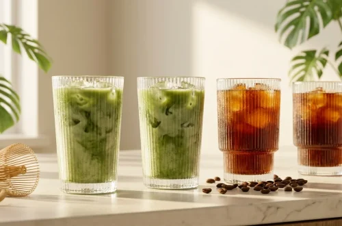A row of ribbed glassware filled with iced matcha and cold brew on a sunny kitchen counter.