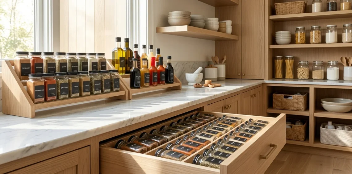 A perfectly organized kitchen spice drawer featuring neatly aligned glass jars with minimalist labels.