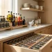 A perfectly organized kitchen spice drawer featuring neatly aligned glass jars with minimalist labels.