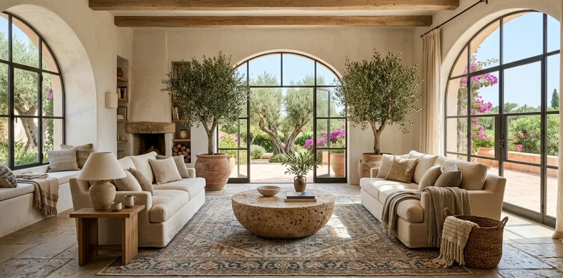 A bright Mediterranean style living room featuring a textured faux stone coffee table and cream linen sofas.