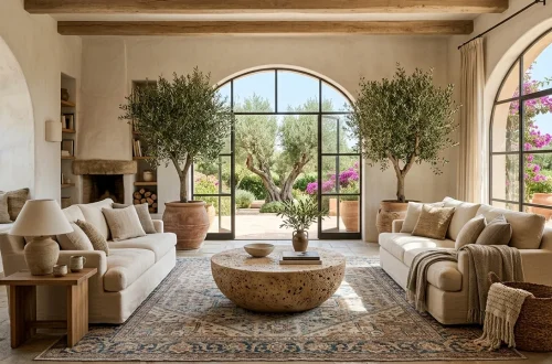 A bright Mediterranean style living room featuring a textured faux stone coffee table and cream linen sofas.