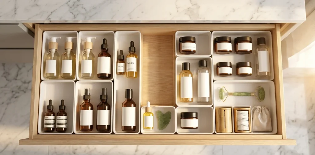 Open vanity drawer beautifully organized with skincare bottles in aesthetic dividers.