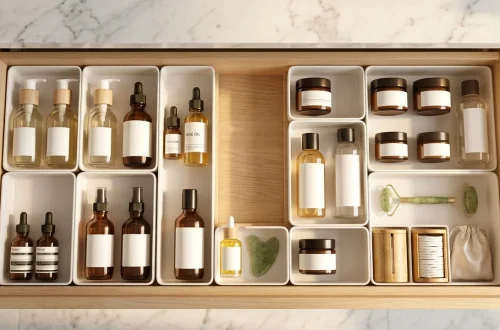 Open vanity drawer beautifully organized with skincare bottles in aesthetic dividers.