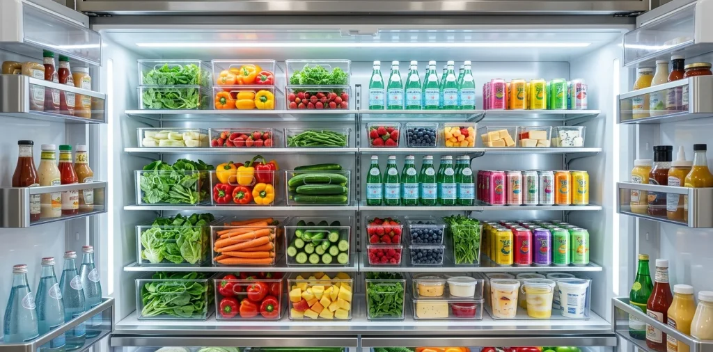 Perfectly organized refrigerator featuring clear stackable bins filled with fresh colorful food