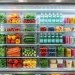 Perfectly organized refrigerator featuring clear stackable bins filled with fresh colorful food