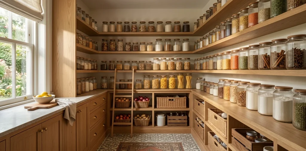 Beautifully organized pantry with fluted glass jars on oak wood shelves