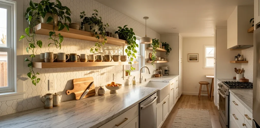 A modern renter kitchen upgraded with beautiful peel-and-stick geometric backsplash tiles and warm wood counters.