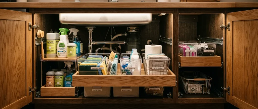A beautifully organized deep under-sink cabinet featuring modern clear bins and sliding storage drawers.