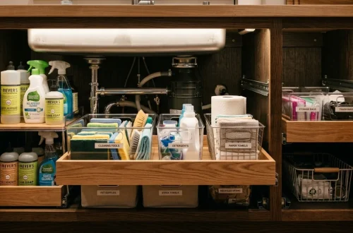 A beautifully organized deep under-sink cabinet featuring modern clear bins and sliding storage drawers.